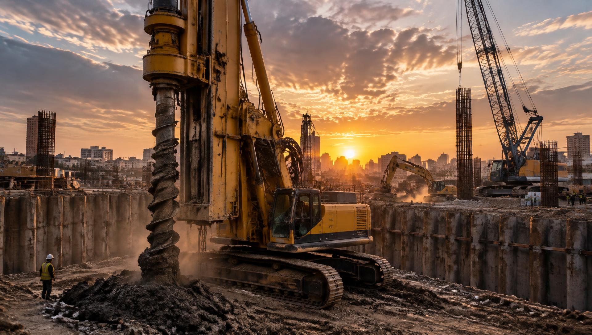 Large hydraulic rotary piling rig with drilling mast and auger working on a deep foundation excavation site